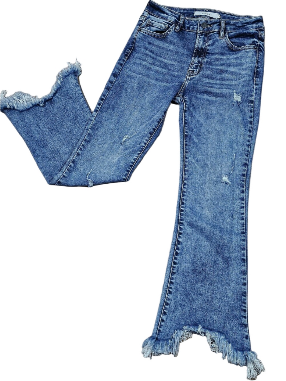 Hidden Happy Mid Rise Cropped Flare Leg Raw Hem Distressed Medium Wash Jean
